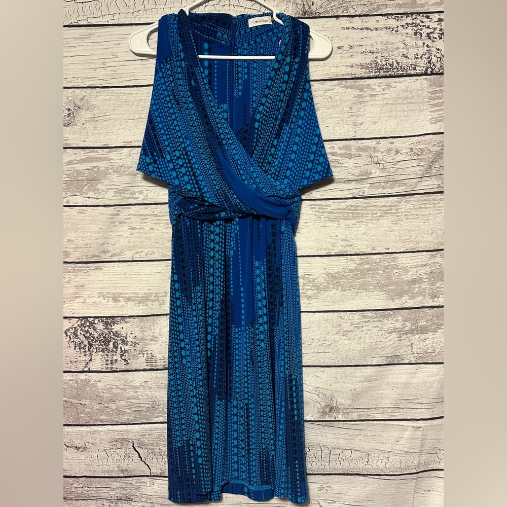 Calvin Klein Blue Polka Dot Sleeveless Wrap Dress Size 12 Midi Career